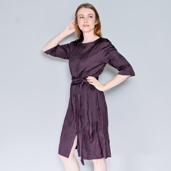 BROCK COLLECTION Eggplant Button-Front Tie-Belt Dress Sz 8 - Picture 6 of 7